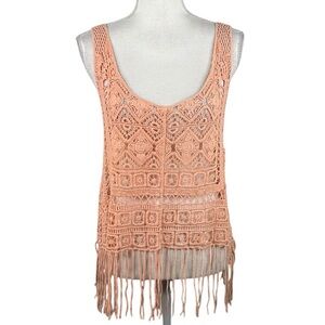 Buzz Coral Crochet Boho Festival Indie Casual Folk Fringe Tank Top Size Large